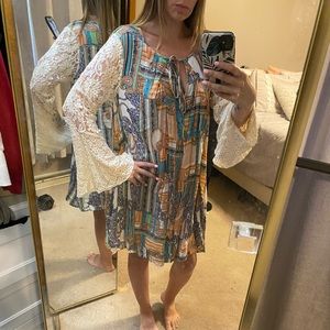 Size medium multi color bohemian dress with lace sleeves